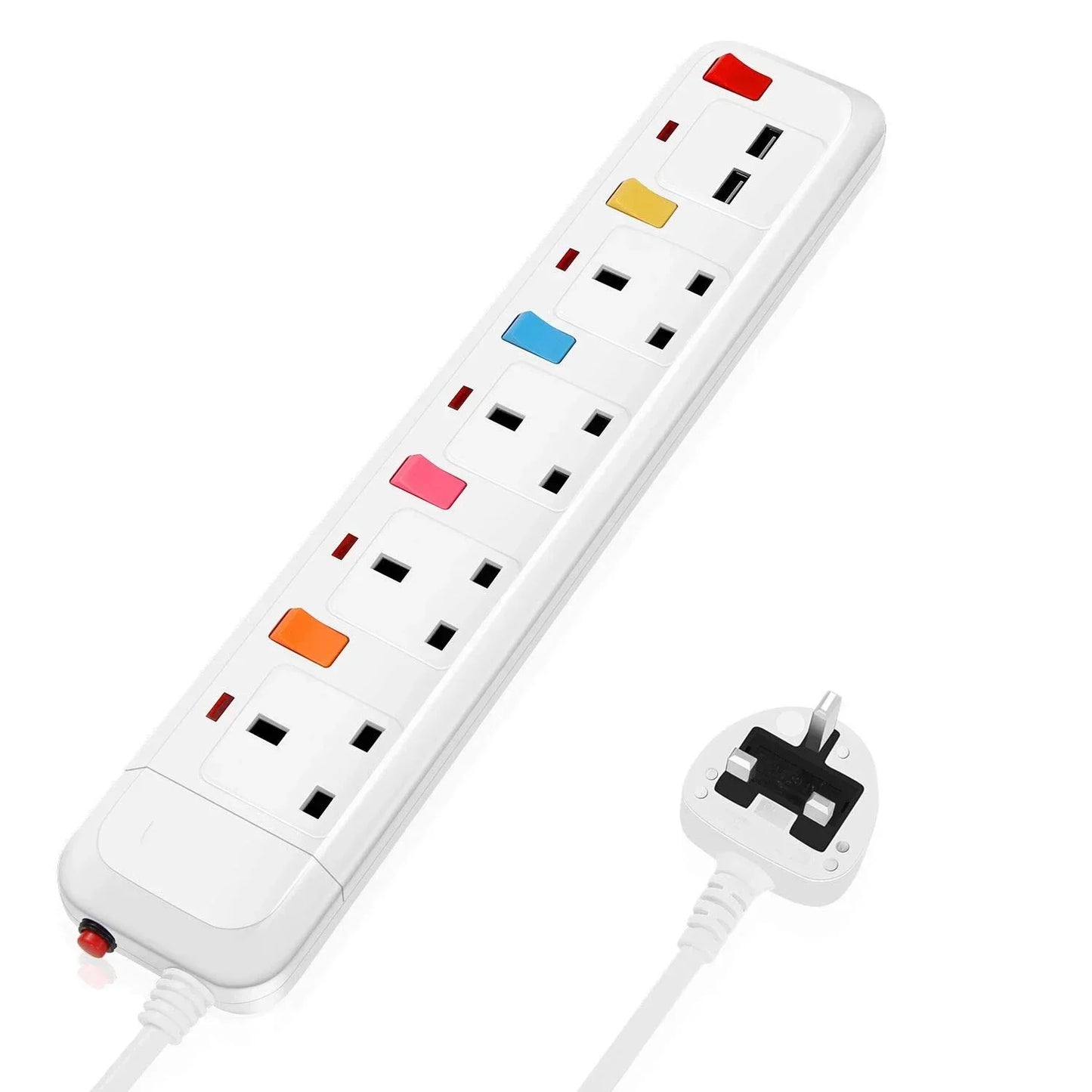 Power Strip Surge Protection UK Electric Plug Adapter 2M Extension Lead 4 Gang/Way 2 USB Mountable Individually Switched