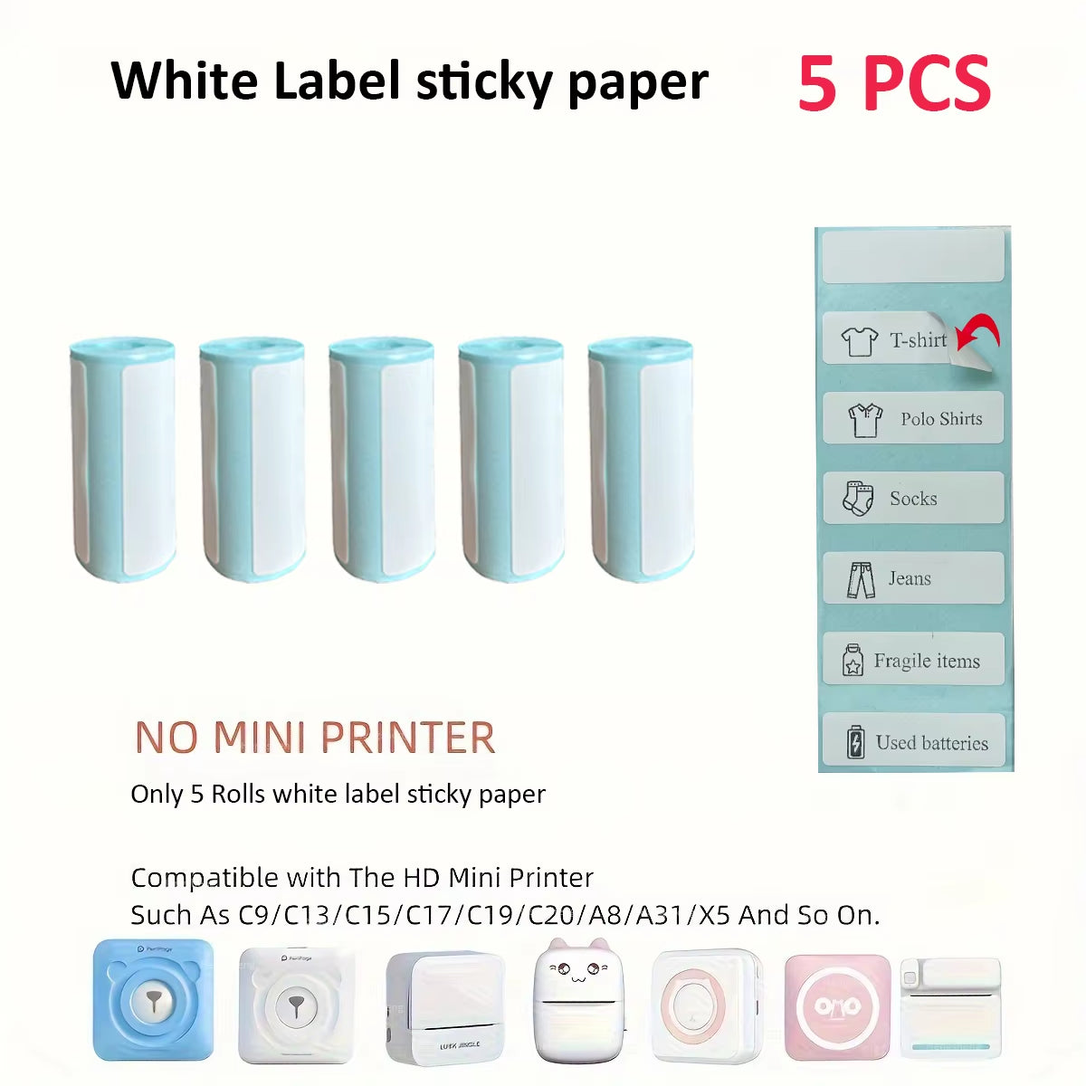 Mini Thermal Printer Sticker Printer with 10Roll Printing Paper Portable Printer Mini Pocket Printer for Journal Notes Kids Gift