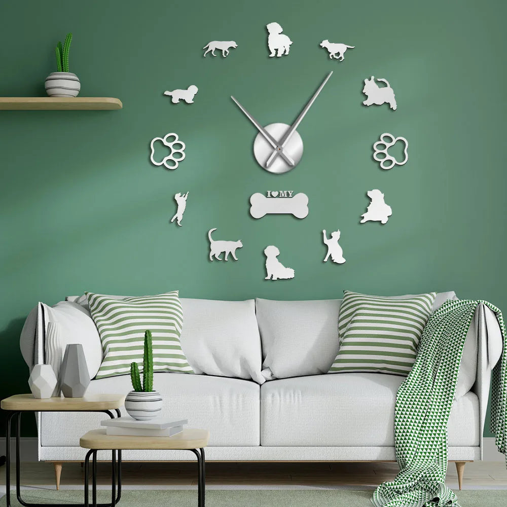 3D Cats and Dogs DIY Wall Decorative Mute Large Wall Clock Animals Wall Sticker Frameless Giant Watch Home Decor Pets Owner Gift