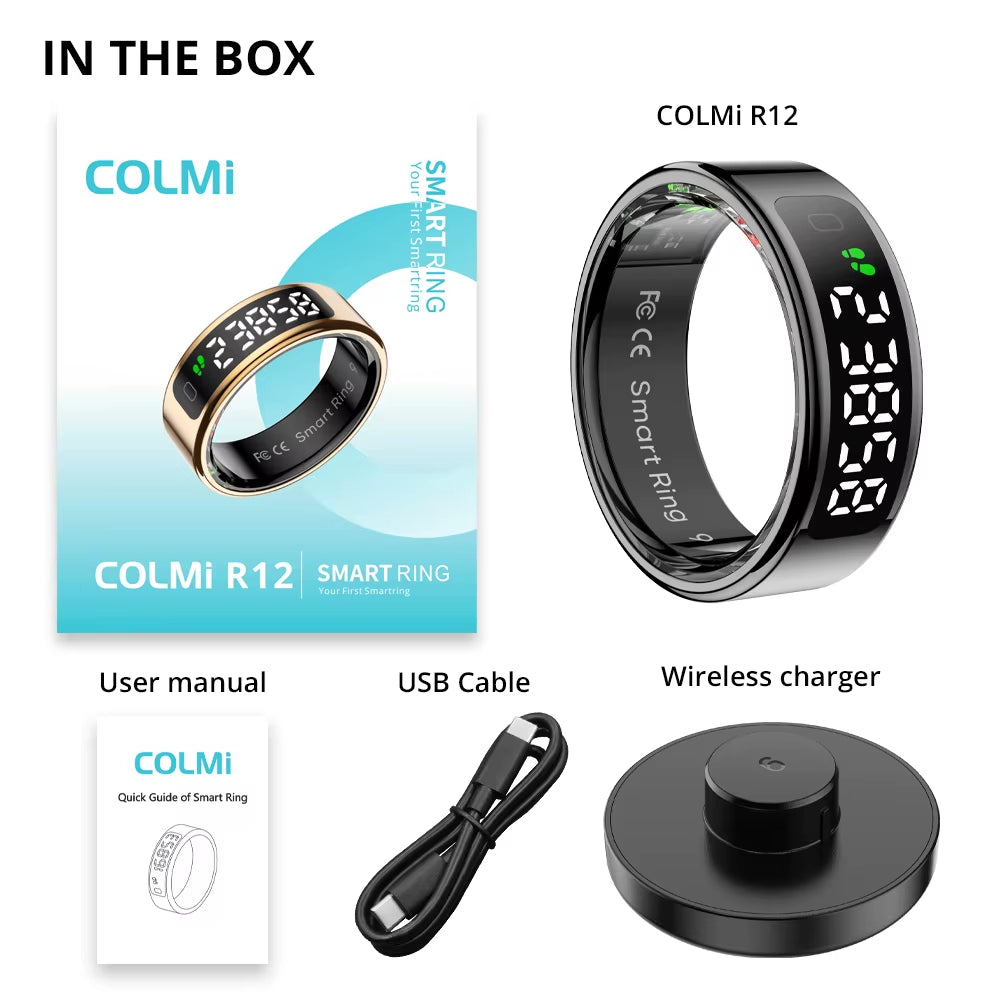 R12 Smart Ring with Display Screen and Touch, Health Manager, Wireless Charging, 5 ATM Waterproof for Men Women