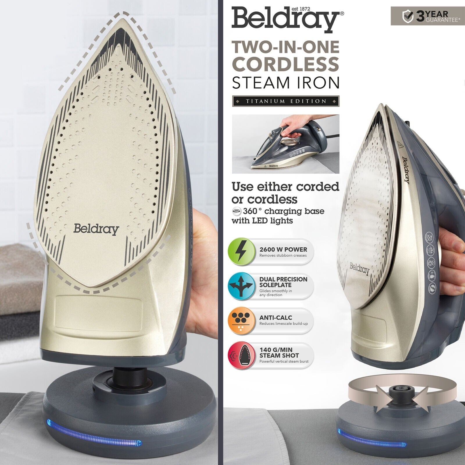 Beldray Cordless Steam Iron 2-In-1 Ceramic Soleplate 230Ml 2600W Titanium