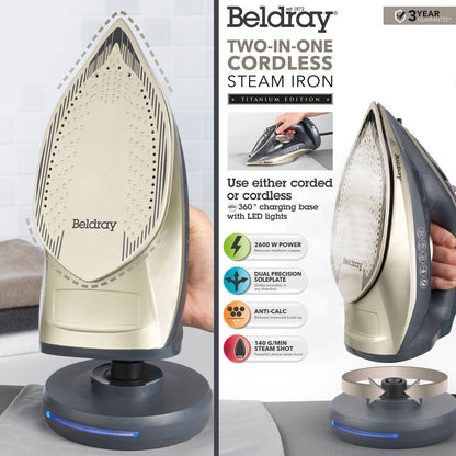 Beldray Cordless Steam Iron 2-In-1 Ceramic Soleplate 230Ml 2600W Titanium