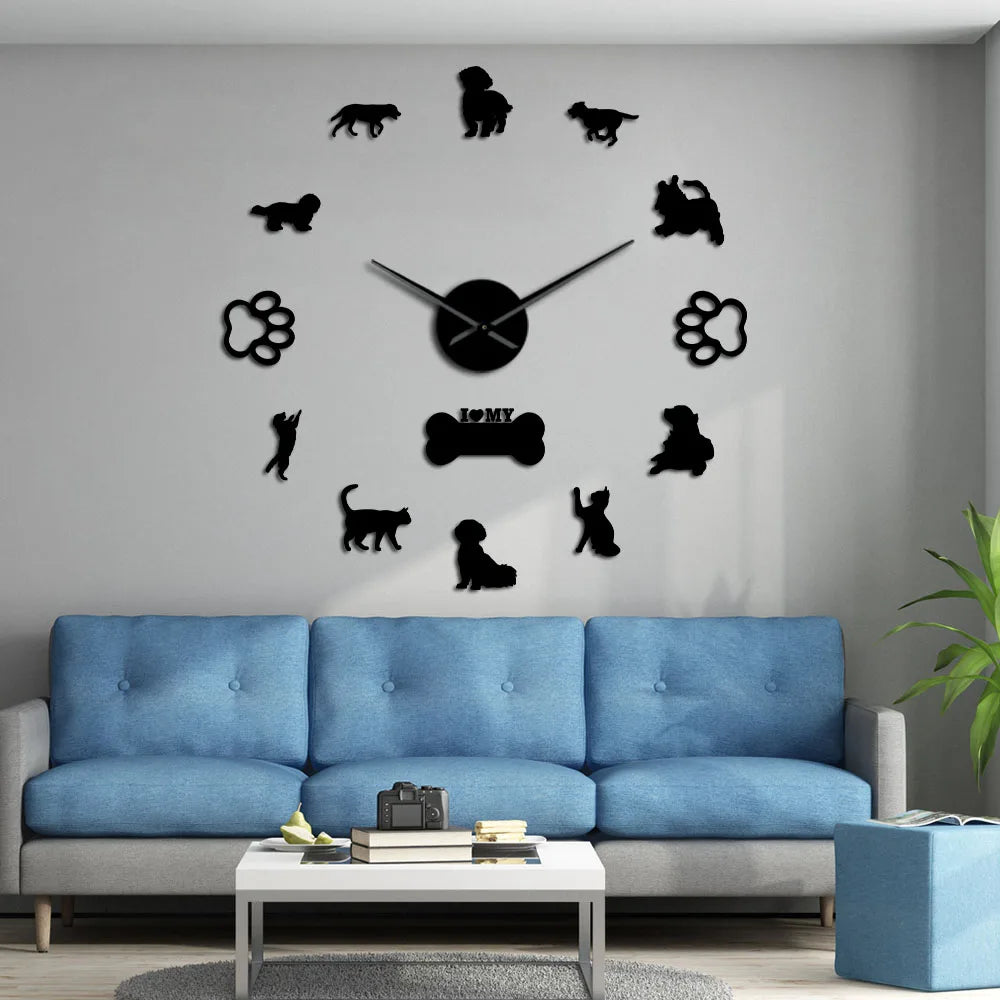 3D Cats and Dogs DIY Wall Decorative Mute Large Wall Clock Animals Wall Sticker Frameless Giant Watch Home Decor Pets Owner Gift