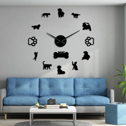 3D Cats and Dogs DIY Wall Decorative Mute Large Wall Clock Animals Wall Sticker Frameless Giant Watch Home Decor Pets Owner Gift