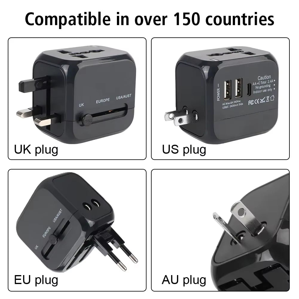 All-In-One Wall Travel Charger Adapter - US EU UK AU Plugs with 2 USB & 1 Type C, Universal for Travel
