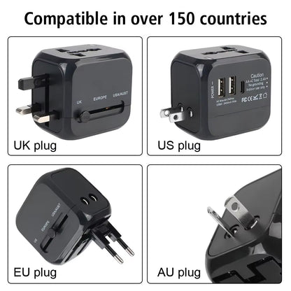 All-In-One Wall Travel Charger Adapter - US EU UK AU Plugs with 2 USB & 1 Type C, Universal for Travel