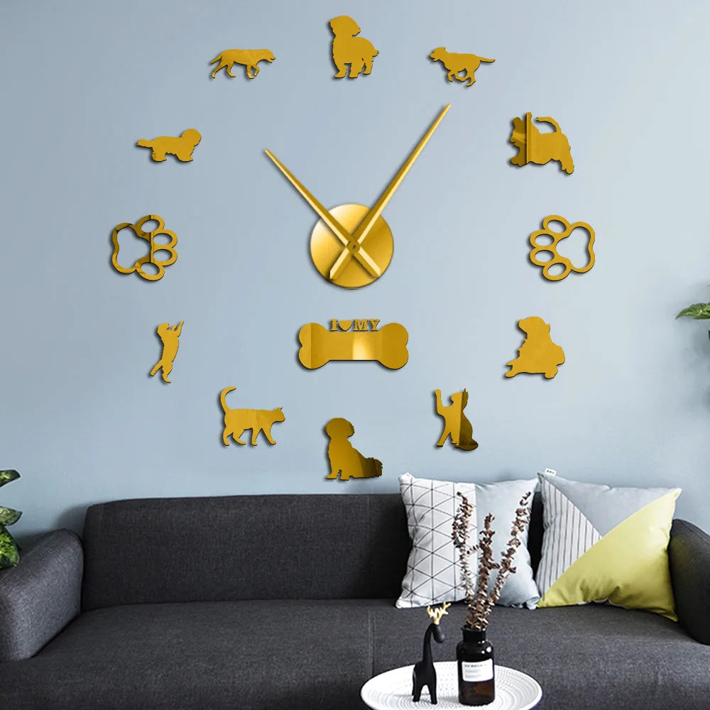 3D Cats and Dogs DIY Wall Decorative Mute Large Wall Clock Animals Wall Sticker Frameless Giant Watch Home Decor Pets Owner Gift
