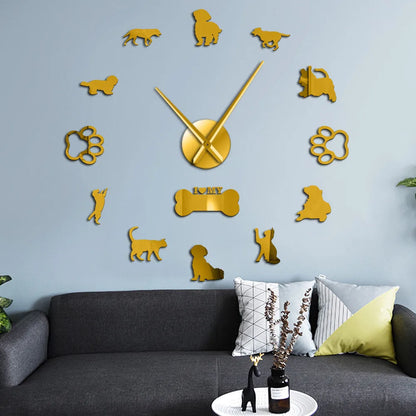 3D Cats and Dogs DIY Wall Decorative Mute Large Wall Clock Animals Wall Sticker Frameless Giant Watch Home Decor Pets Owner Gift