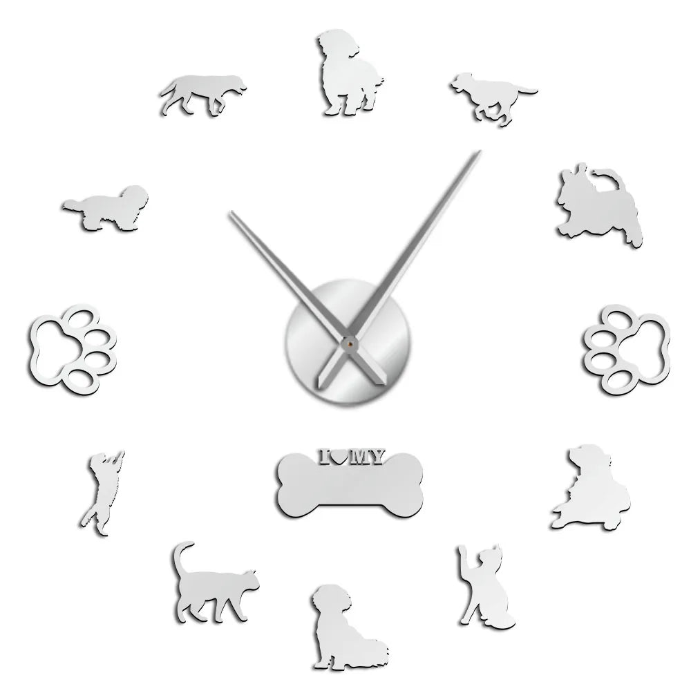 3D Cats and Dogs DIY Wall Decorative Mute Large Wall Clock Animals Wall Sticker Frameless Giant Watch Home Decor Pets Owner Gift