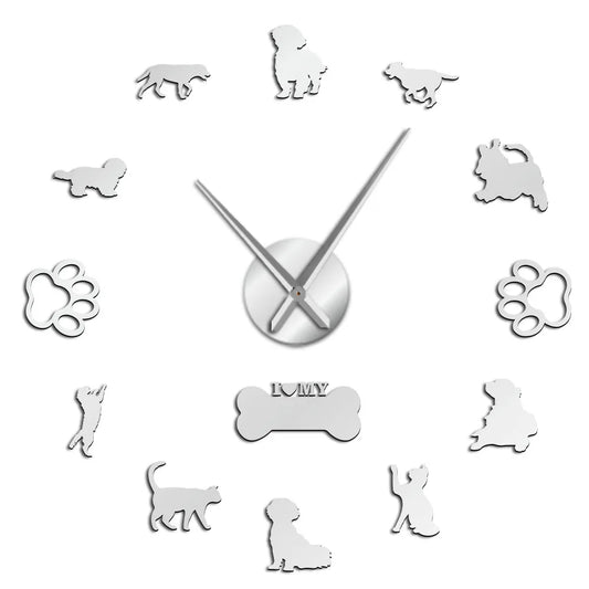 3D Cats and Dogs DIY Wall Decorative Mute Large Wall Clock Animals Wall Sticker Frameless Giant Watch Home Decor Pets Owner Gift