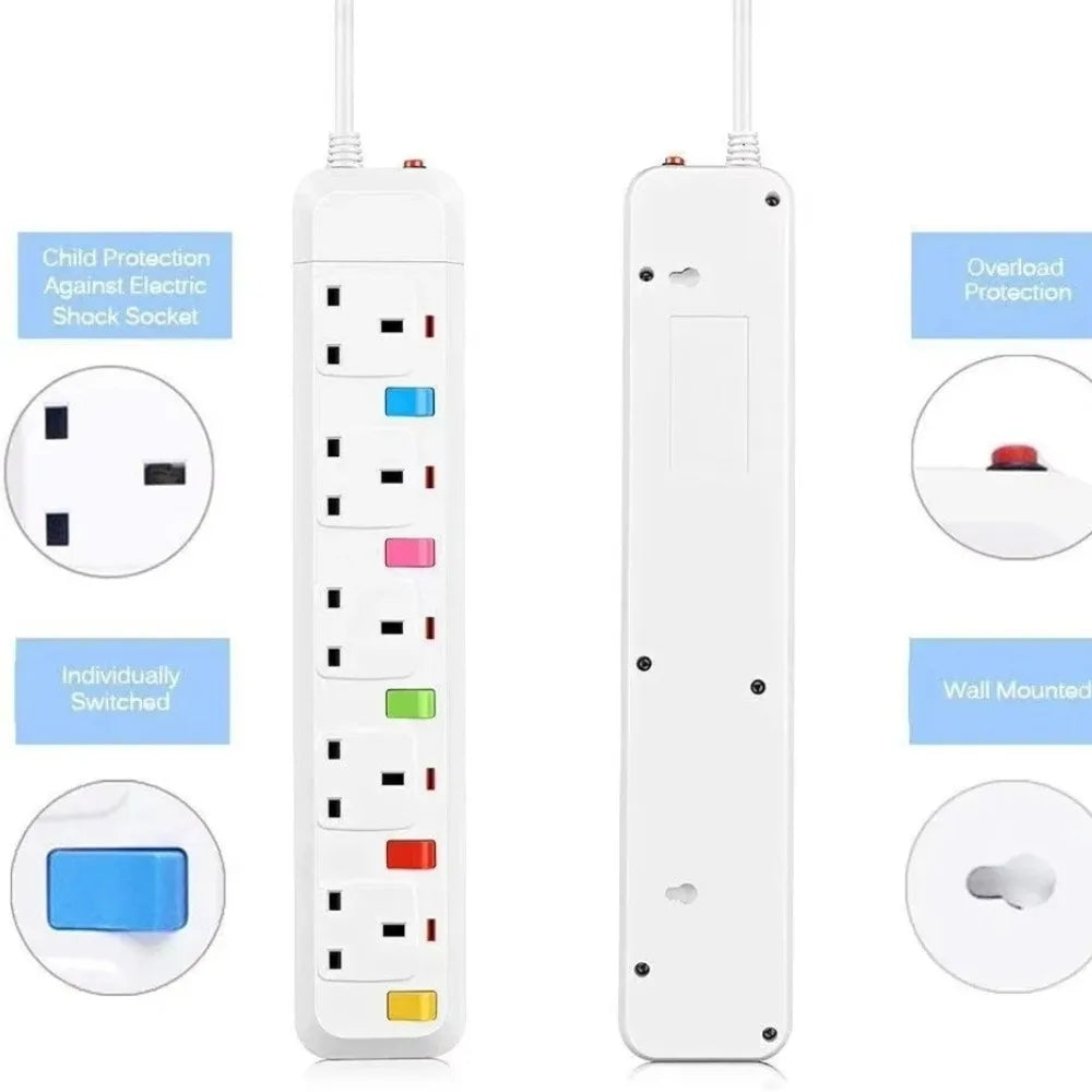 Power Strip Surge Protection UK Electric Plug Adapter 2M Extension Lead 4 Gang/Way 2 USB Mountable Individually Switched