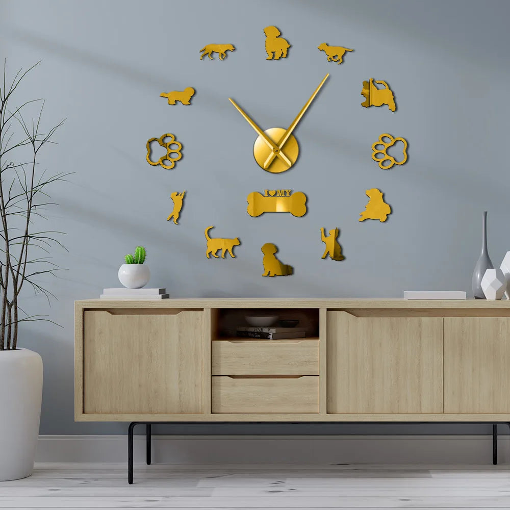 3D Cats and Dogs DIY Wall Decorative Mute Large Wall Clock Animals Wall Sticker Frameless Giant Watch Home Decor Pets Owner Gift