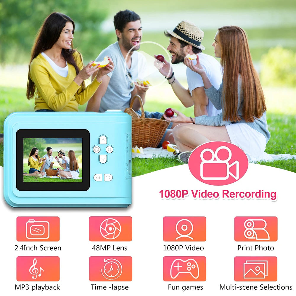 Children Digital Camera Instant Print Toys for Kids Thermal Print Camera HD 1080P Photo Printing Camera with 3 Rolls Print Paper