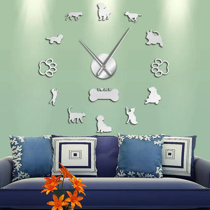 3D Cats and Dogs DIY Wall Decorative Mute Large Wall Clock Animals Wall Sticker Frameless Giant Watch Home Decor Pets Owner Gift