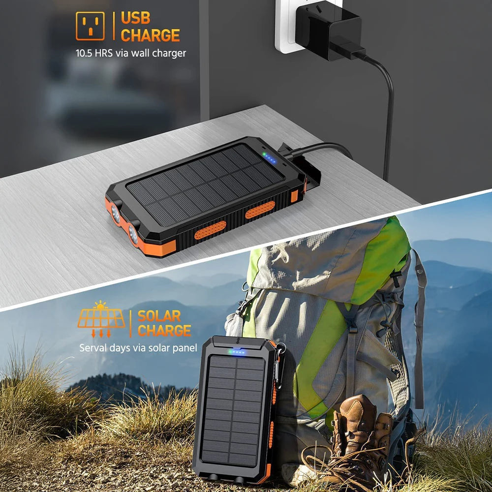 20000Mah Solar Power Banks Portable External Battery Pack with LED Light Compass Outdoor Backup Power