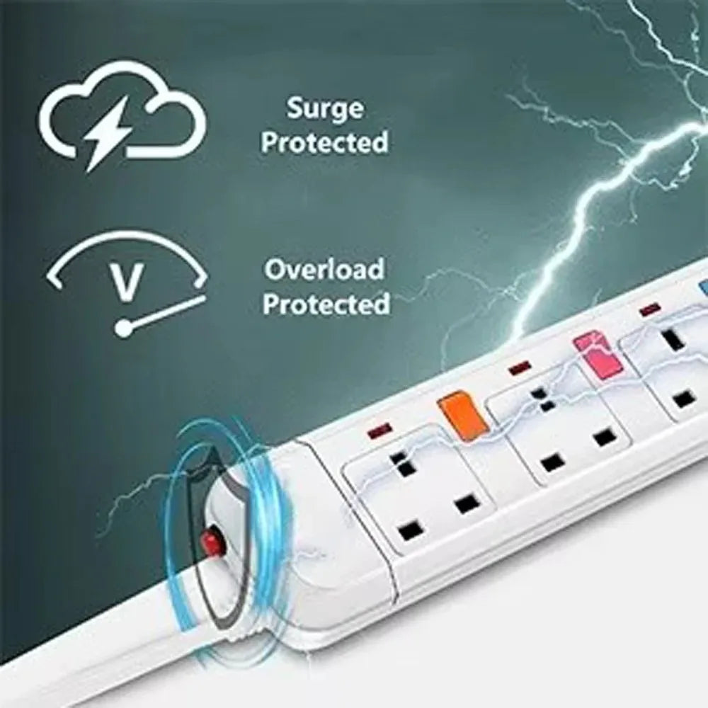 Power Strip Surge Protection UK Electric Plug Adapter 2M Extension Lead 4 Gang/Way 2 USB Mountable Individually Switched