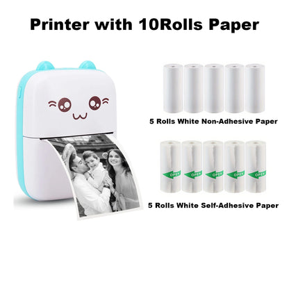 Mini Thermal Printer Sticker Printer with 10Roll Printing Paper Portable Printer Mini Pocket Printer for Journal Notes Kids Gift