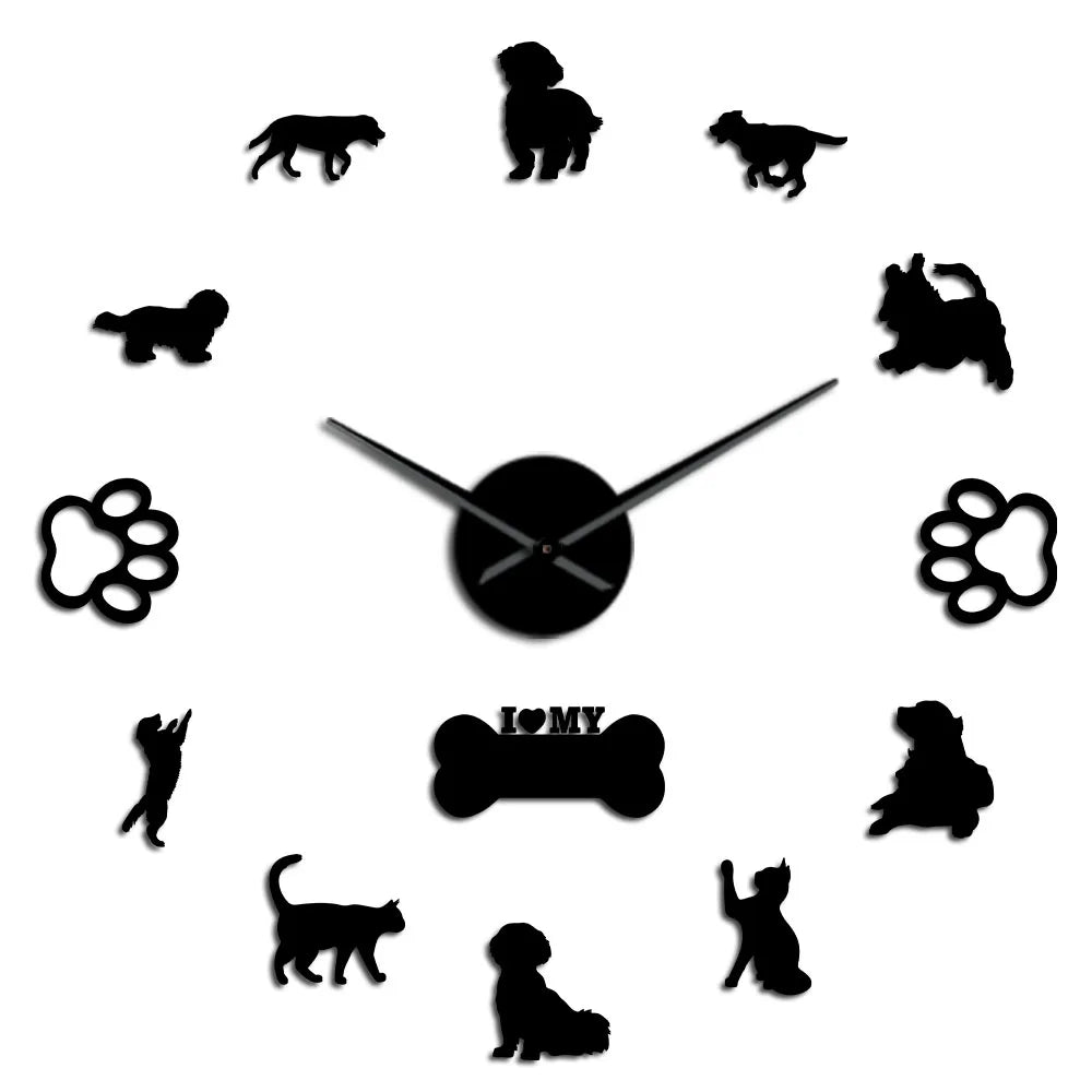 3D Cats and Dogs DIY Wall Decorative Mute Large Wall Clock Animals Wall Sticker Frameless Giant Watch Home Decor Pets Owner Gift