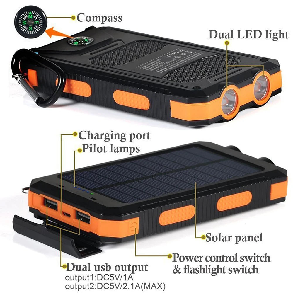 20000Mah Solar Power Banks Portable External Battery Pack with LED Light Compass Outdoor Backup Power
