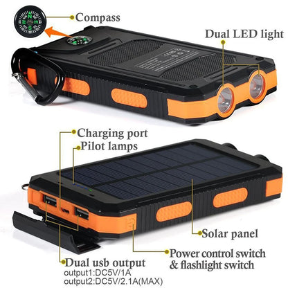 20000Mah Solar Power Banks Portable External Battery Pack with LED Light Compass Outdoor Backup Power