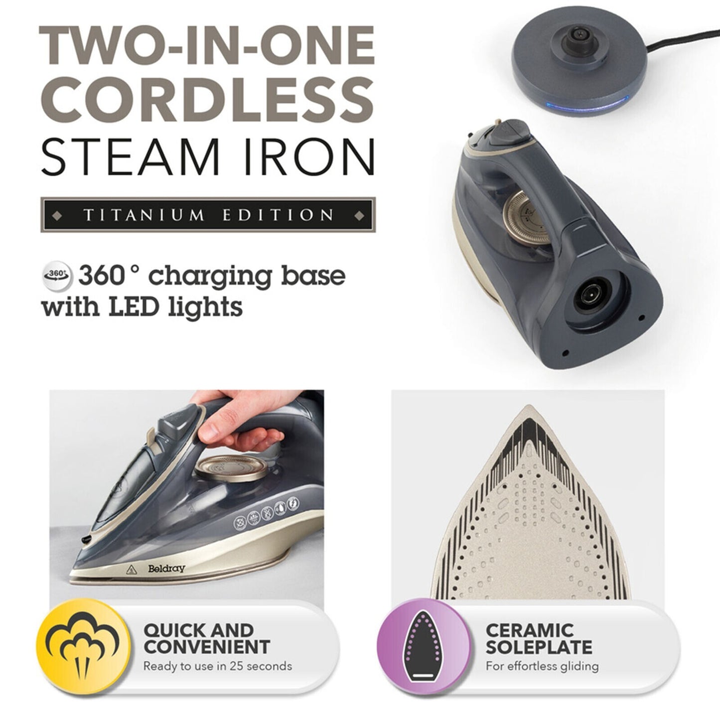 Beldray Cordless Steam Iron 2-In-1 Ceramic Soleplate 230Ml 2600W Titanium