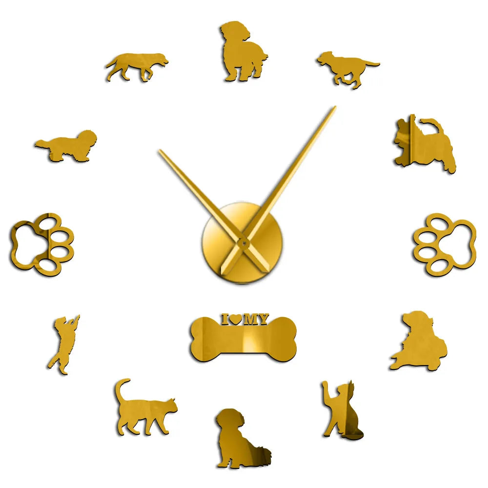 3D Cats and Dogs DIY Wall Decorative Mute Large Wall Clock Animals Wall Sticker Frameless Giant Watch Home Decor Pets Owner Gift