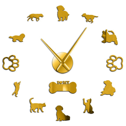 3D Cats and Dogs DIY Wall Decorative Mute Large Wall Clock Animals Wall Sticker Frameless Giant Watch Home Decor Pets Owner Gift