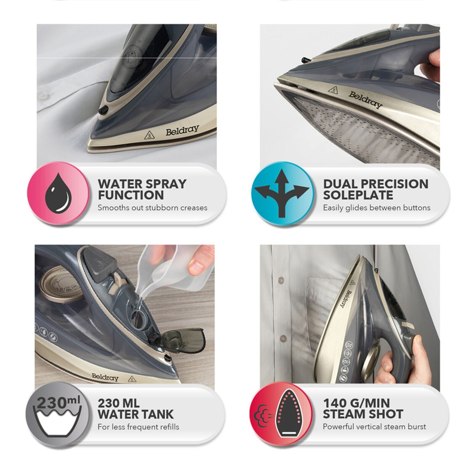 Beldray Cordless Steam Iron 2-In-1 Ceramic Soleplate 230Ml 2600W Titanium