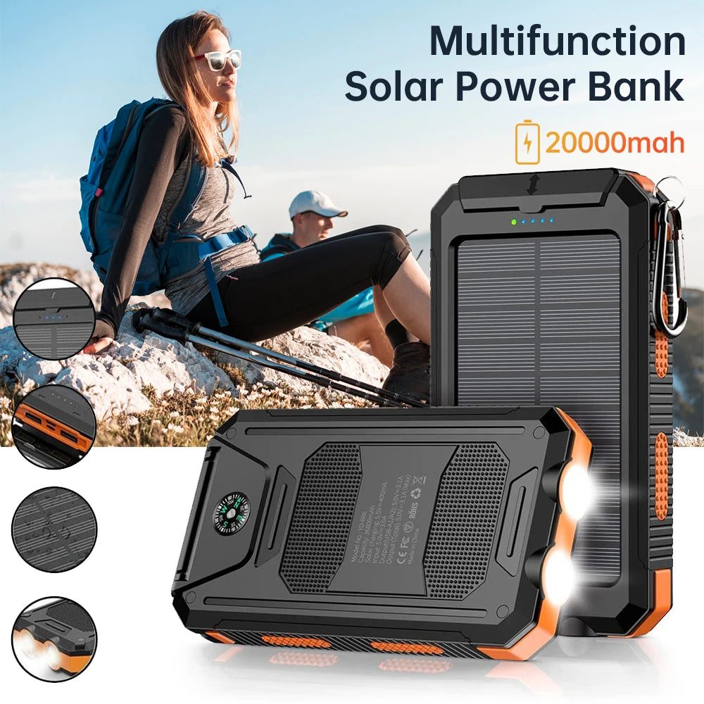 20000Mah Solar Power Banks Portable External Battery Pack with LED Light Compass Outdoor Backup Power
