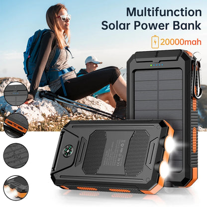 20000Mah Solar Power Banks Portable External Battery Pack with LED Light Compass Outdoor Backup Power