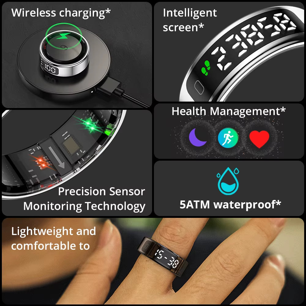 R12 Smart Ring with Display Screen and Touch, Health Manager, Wireless Charging, 5 ATM Waterproof for Men Women