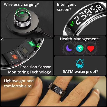 R12 Smart Ring with Display Screen and Touch, Health Manager, Wireless Charging, 5 ATM Waterproof for Men Women