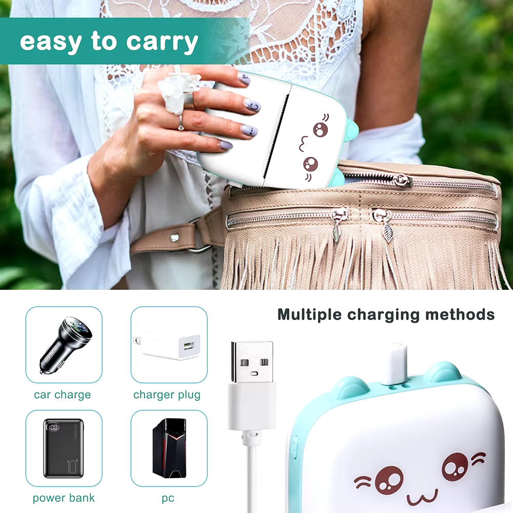 Mini Thermal Printer Sticker Printer with 10Roll Printing Paper Portable Printer Mini Pocket Printer for Journal Notes Kids Gift