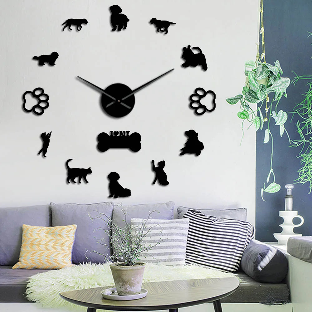 3D Cats and Dogs DIY Wall Decorative Mute Large Wall Clock Animals Wall Sticker Frameless Giant Watch Home Decor Pets Owner Gift